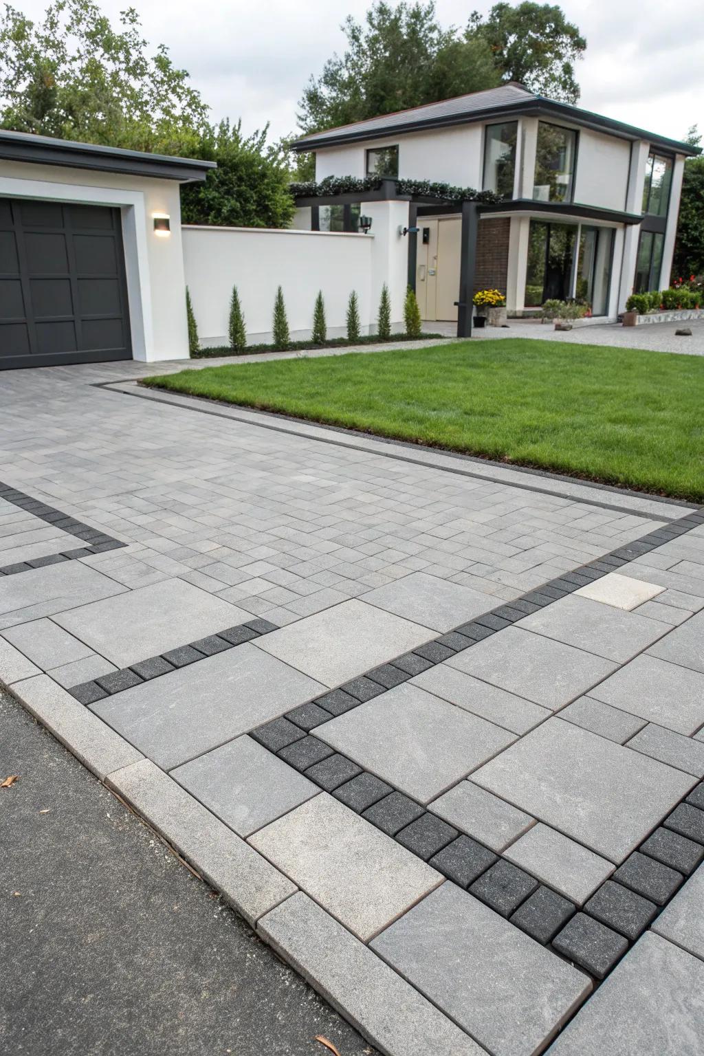 A modern driveway featuring an offset paver layout.