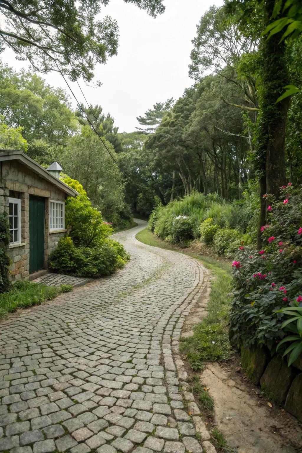 A charming cobblestone driveway exuding rustic appeal.