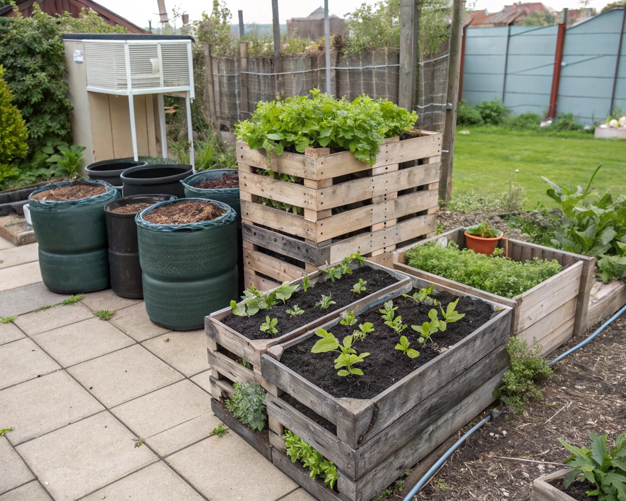 Container and raised bed methods for optimizing space in small gardens.