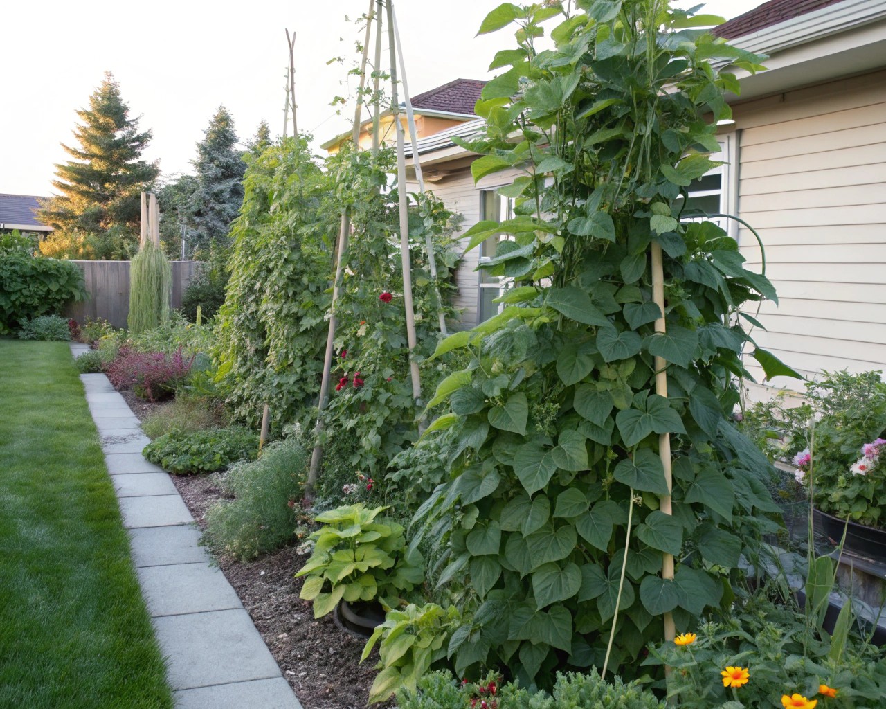 Different varieties of black beans growing in a home garden.