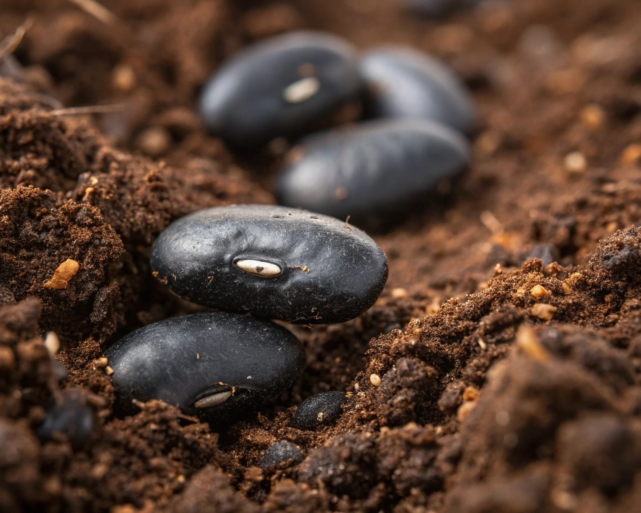 Direct sowing black bean seeds with proper spacing in a backyard garden.