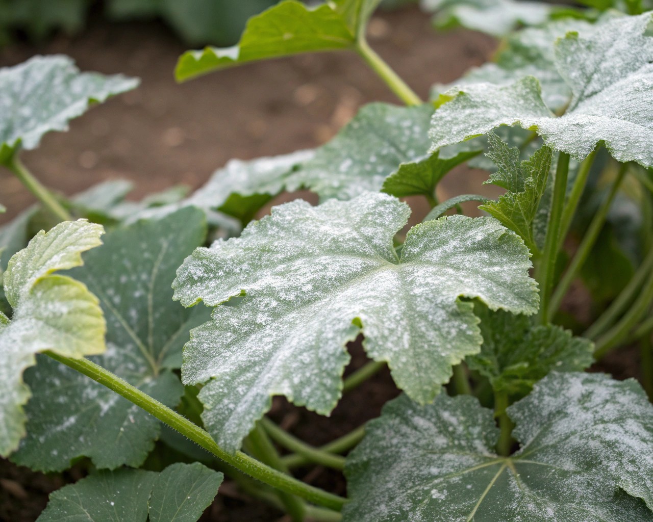 Powdery mildew visibly affects the zucchini leaves, showing white powdery spots.