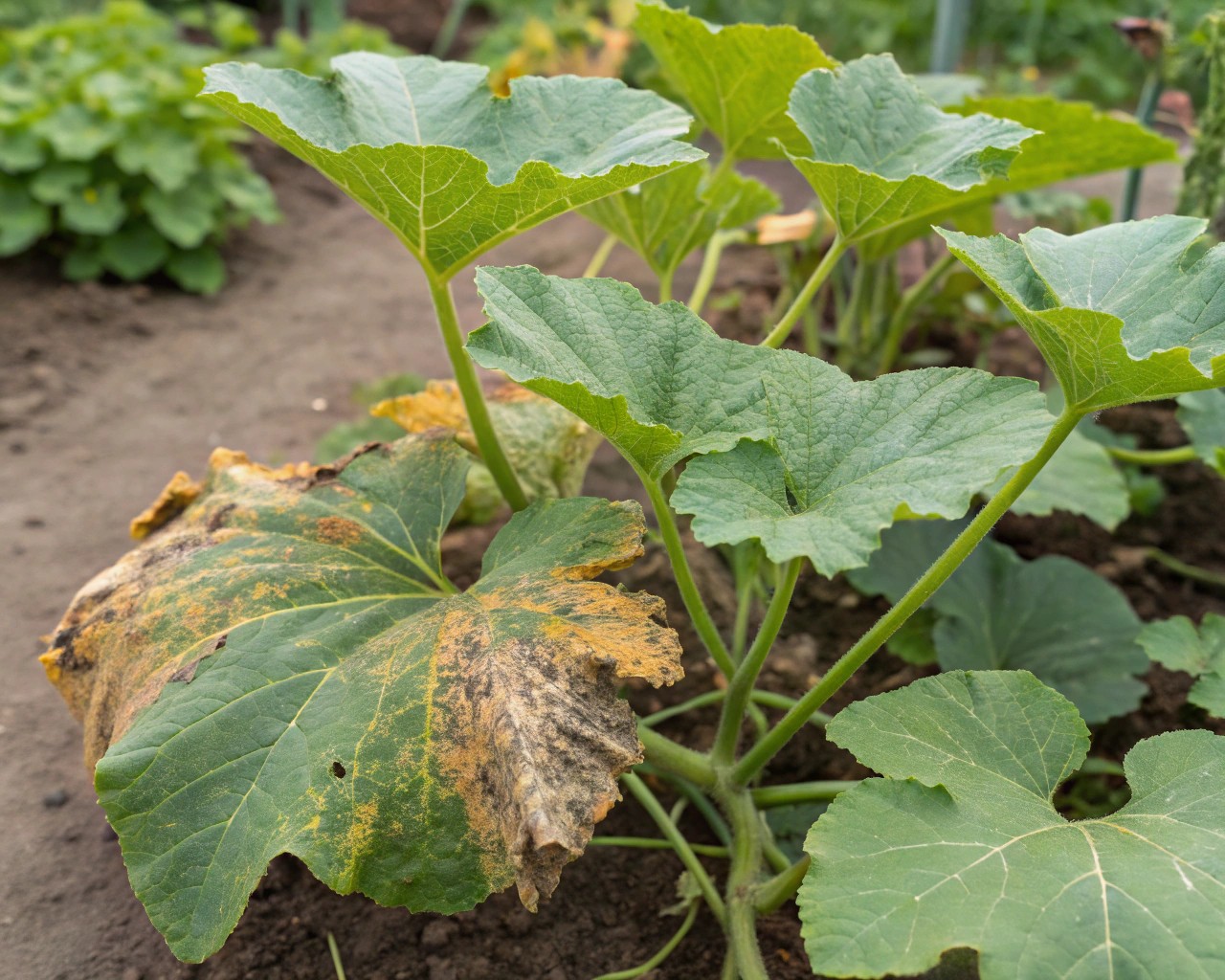 Visible damage on squash plants caused by squash bugs, including wilting and discolored leaves in a residential setting.